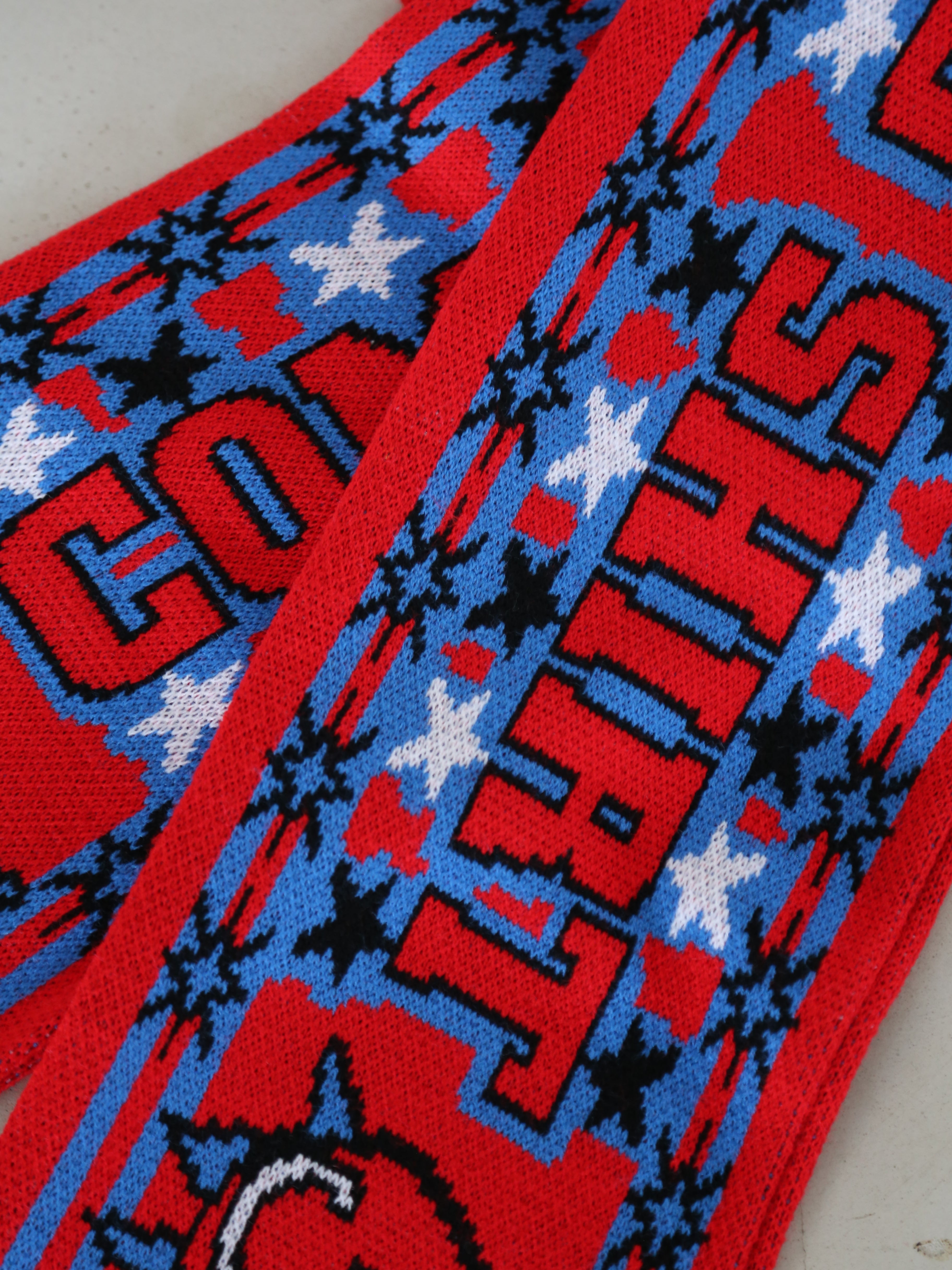COMME des GARCONS コムデギャルソン 25AW FP-K402 SHIRT シャツ knitted jacquard acrylic football scarves ジャカード アクリル フットボール スカーフ マフラー レッド系【極上美品】【中古】 IMG_1485_54baa0d7-ab4a-42d4-